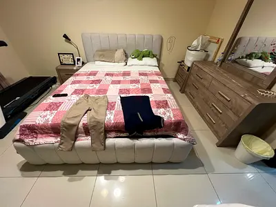 Home center Modern Grey Fabric Upholstered Bed Frame with ikea mattress and bedside tables