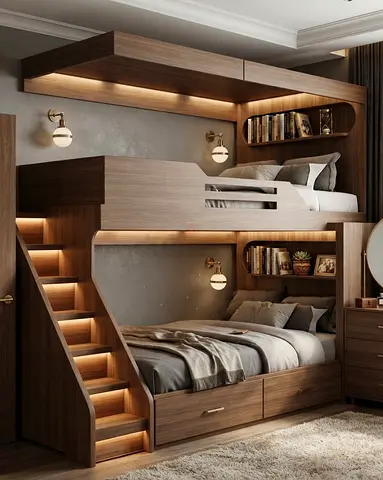 Modern Wooden Bunk Bed with Integrated Shelves & Staircase (Double)