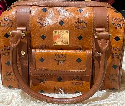 MCM Cognac Visetos Boston Bag - Medium Leather Satchel
