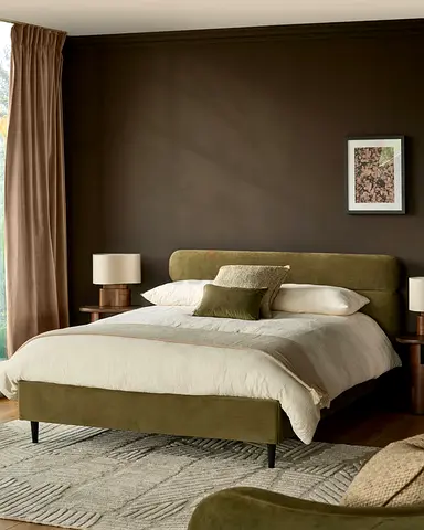 Olive green velvet vertical channel king bed