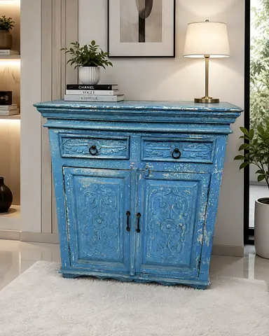 Vintage Distressed Blue Wooden Cabinet / Sideboard - 2 Drawer 2 Door