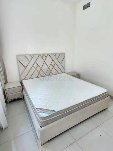 Queen Bed Frame with Headboard and Two Nightstands - Light Beige