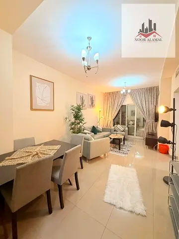 Sharjah, Al Taawun: Apartment with one bedroom, a living room, a kitchen, two bathrooms, and a balc