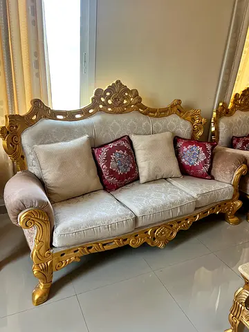 Ornate Gold-Carved 3-Seater Sofa Set with Cushions
