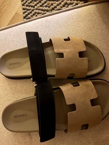 Hermès style suede and leather slide sandals - 44