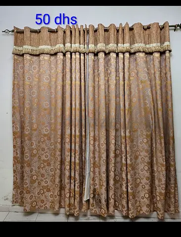 Beige Patterned Eyelet Curtains with Valance - 2 Panels