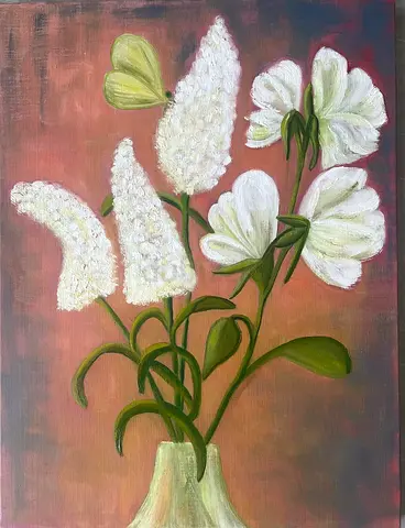 ''Butterfly bush and roses at dusk'', oil on linen canvas