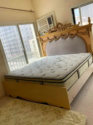 King Size Ornate Wooden Bed Frame with Mattress and side table with dresser- Good Condition