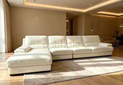 Large White Leather L-Shaped Sectional Sofa with Chaise