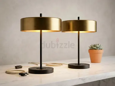 Pair of Modern Brass Table Lamps with Black Stems (40 cm)