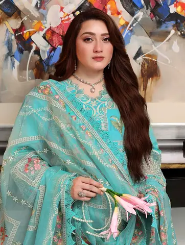 Aneelas luxury 3 piece fully loaded embroidered medium size beautiful sky blue