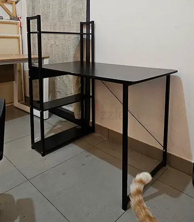 Black metal frame study desk with side shelving - good condition