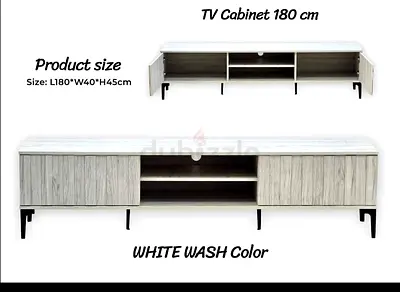 White Wash TV Cabinet / Media Unit - 180 cm, Modern Low Profile