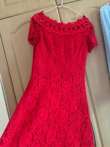 Size S - Red Lace Midi Dress - Short Sleeves, Floral Pattern