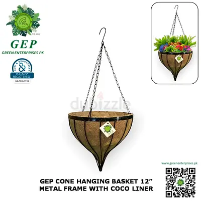 GEP Cone Hanging Basket with Coco liner Metal frame 12″ Size Color Black