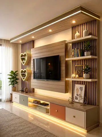 Modern wooden TV entertainment unit with integrated LED lighting