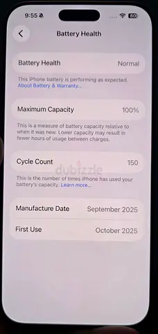 iPhone with 100% Battery Health — First Use Oct 2025