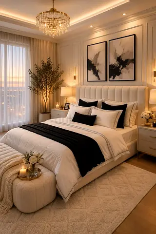 Queen upholstered bed with bedside set in neutral modern bedroom (Ready to move)