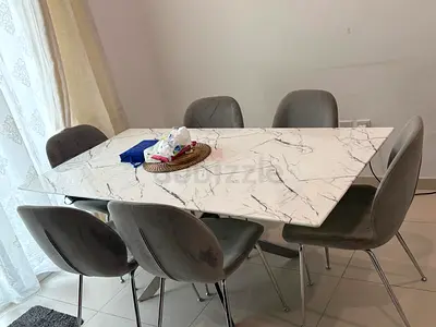 6-Seater Marble-Top Dining Table with Velvet Chairs - Good Condition