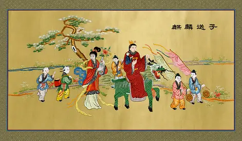Hand-made Vintage Chinese Embroidered Silk Panel — Mythical Procession Scene