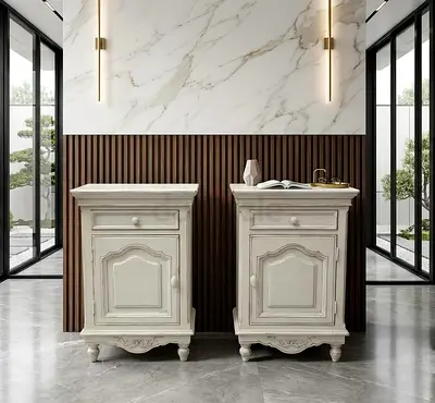 Marina Pair of Antique-Style White Bedside Nightstands