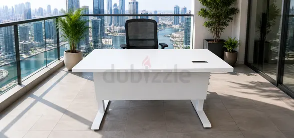 Electric White Executive Office Desk with Cable Port - Modern L-Shaped Design