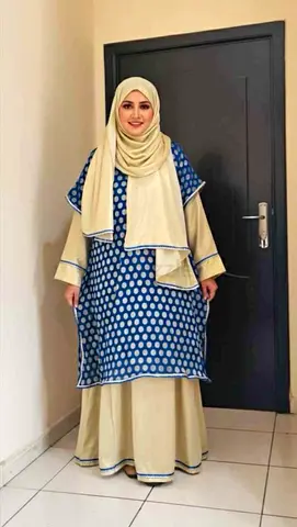 Traditional Modest Abaya Set with Polka Dot Overlay and Matching Hijab