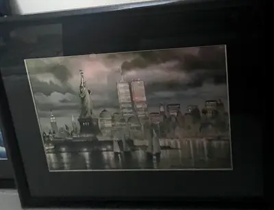 Framed New York City Skyline Print with Statue of Liberty (Black Frame)