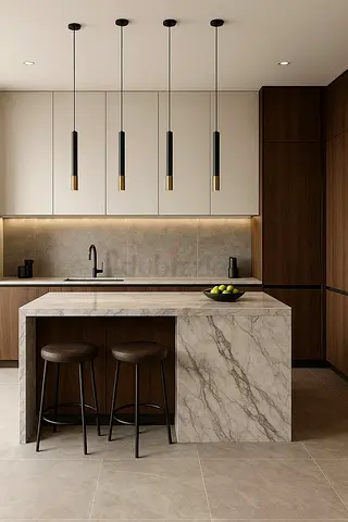 Modern Marble Kitchen Island with Bar Stools