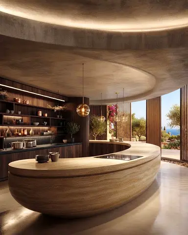 Modern Curved Stone Kitchen Island with Integrated Countertop