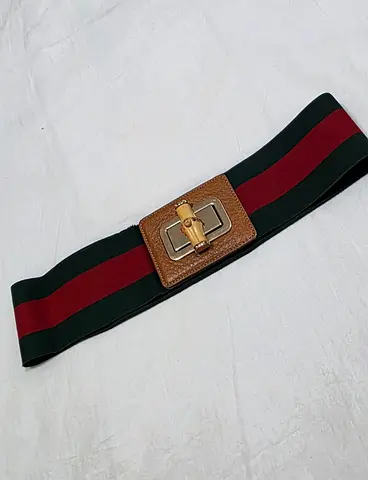 Gucci Green / Red Elastic & Leather Web Bamboo Waist Belt
