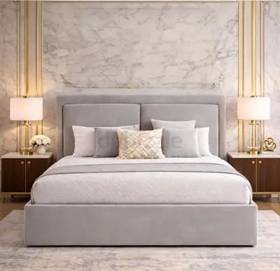 Grey Upholstered Queen Size Bed Frame with Headboard