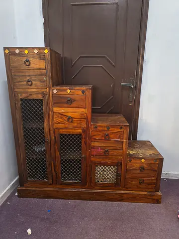 Solid Wood Step-Style Storage Cabinet with Drawers and Mesh Doors