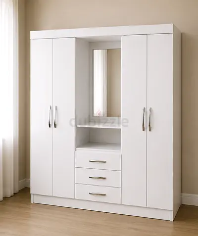 White 4-Door Wardrobe with Built-in Mirror and Drawers