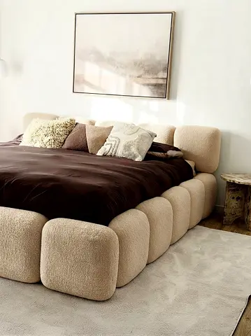 Chunky Plush Upholstered Bed Frame - Beige Bouclé,
