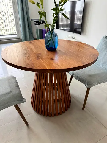 Round Solid Mango Wood Dining Table 100cm diameter with 2 light blue chairs