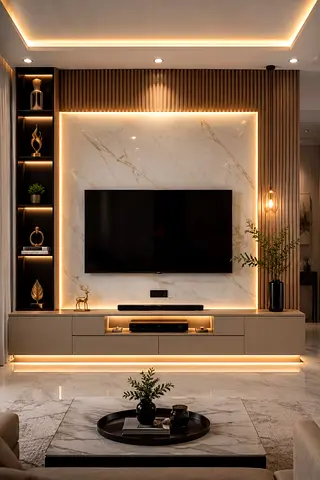 Modern TV Entertainment Unit with Backlit Marble Panel