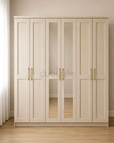 Light Wood 6-Door Wardrobe with Mirror Panels