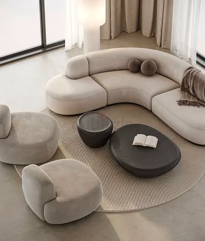 Modern curved sectional sofa set with matching lounge chairs
