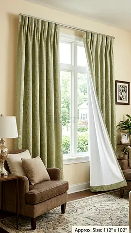 Green patterned full-length curtains with white sheer liners (approx. 112 x 102")