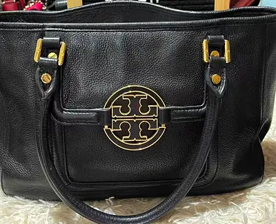 Black Tory Burch Logo Leather Tote Bag - Good Condition