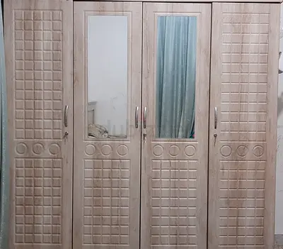 Wooden 4-Door Wardrobe with Mirrors - Good Condition