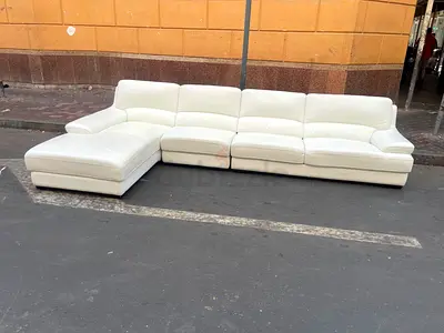 White Leather L-Shaped Sectional Sofa with Left Chaise