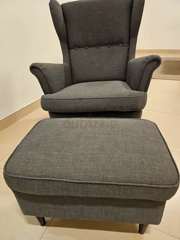 Strandmon Grey Fabric Wingback Armchair with Ottoman - Very Good Condition