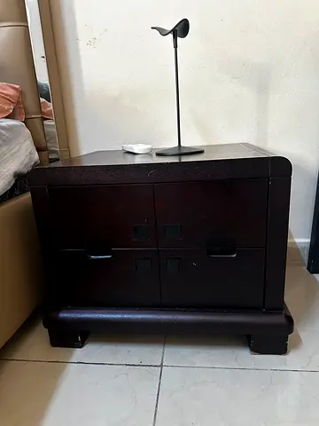 Dark Wood Bedside Nightstand with Drawers and Padded Bench