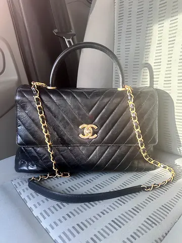 Authentic Chanel Black Chevron Leather Medium Coco Top Handle Bag