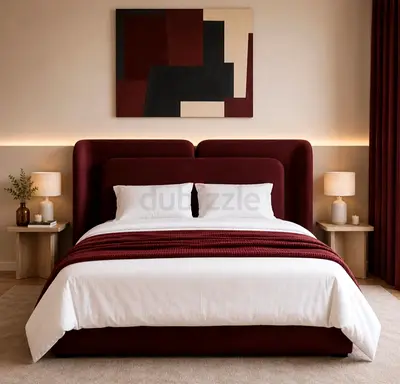 Modern upholstered double bed frame with padded headboard - burgundy