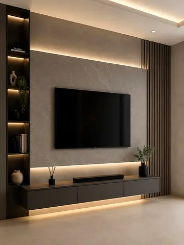 TV entertainment unit with integrated shelving and LED lighting