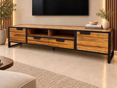 Industrial TV Unit / Media Console - Wood and Black Metal Frame
