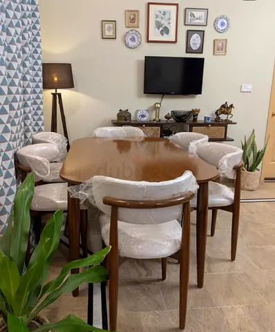 Solid Wood Dining Table with 6 Upholstered Chairs - Like New